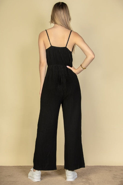 Sweater-Knit Fuzzy Frenchy Tie Front Cami Jumpsuit - Capella Apparel