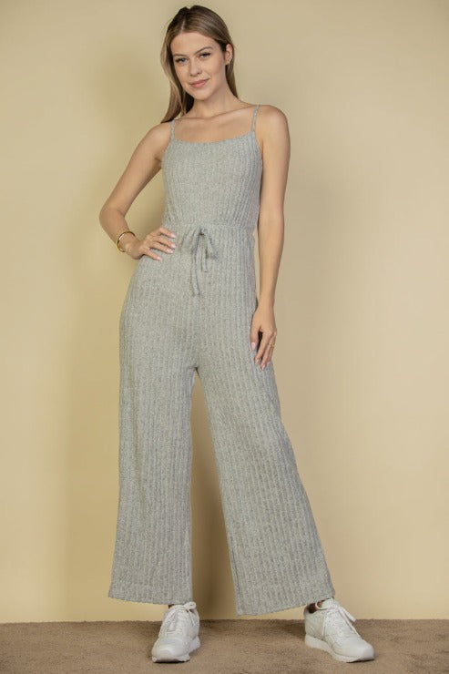 Sweater-Knit Fuzzy Frenchy Tie Front Cami Jumpsuit - Capella Apparel