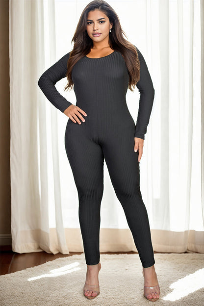 Plus Size Ribbed Scoop Neck Long Sleeve Jumpsuit