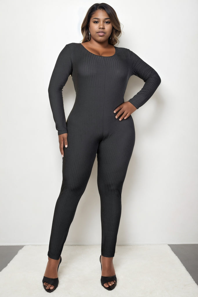 Plus Size Ribbed Scoop Neck Long Sleeve Jumpsuit - Capella Apparel