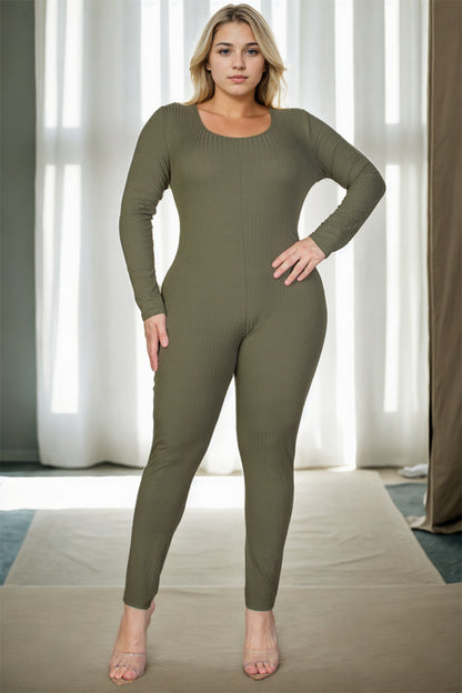 Plus Size Ribbed Scoop Neck Long Sleeve Jumpsuit - Capella Apparel