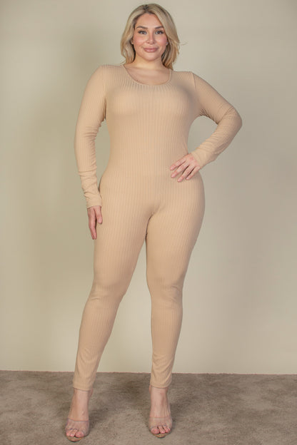 Plus Size Ribbed Scoop Neck Long Sleeve Jumpsuit - Capella Apparel