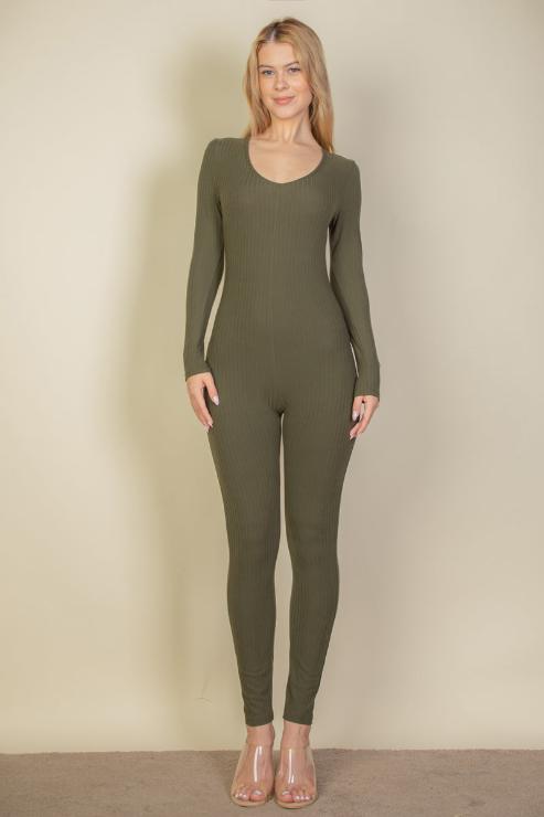 Ribbed Scoop Neck Long Sleeve Jumpsuit - Capella Apparel