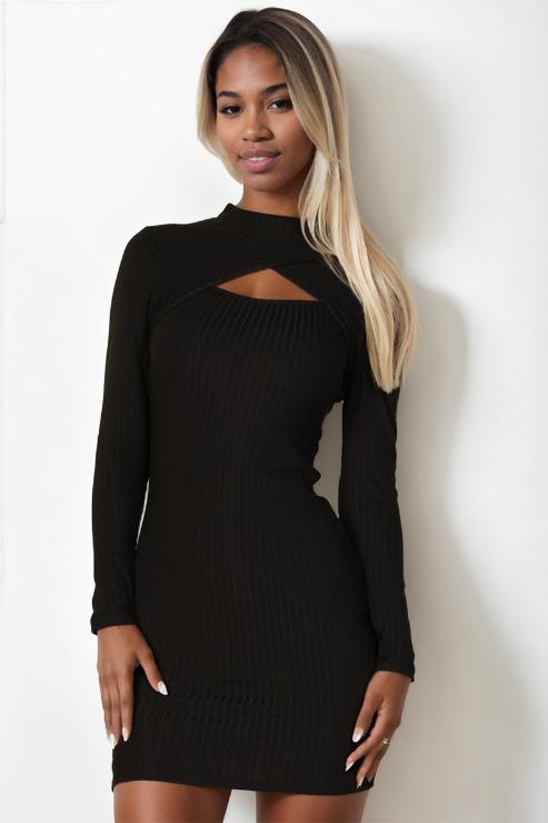 Ribbed Cut Out Front Long Sleeve Bodycon Mini Dress | Capella Apparel