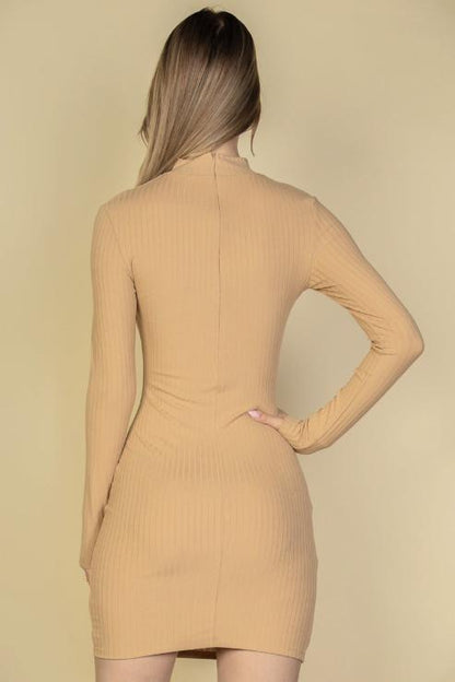 Ribbed Cut Out Front Long Sleeve Bodycon Mini Dress - Capella Apparel