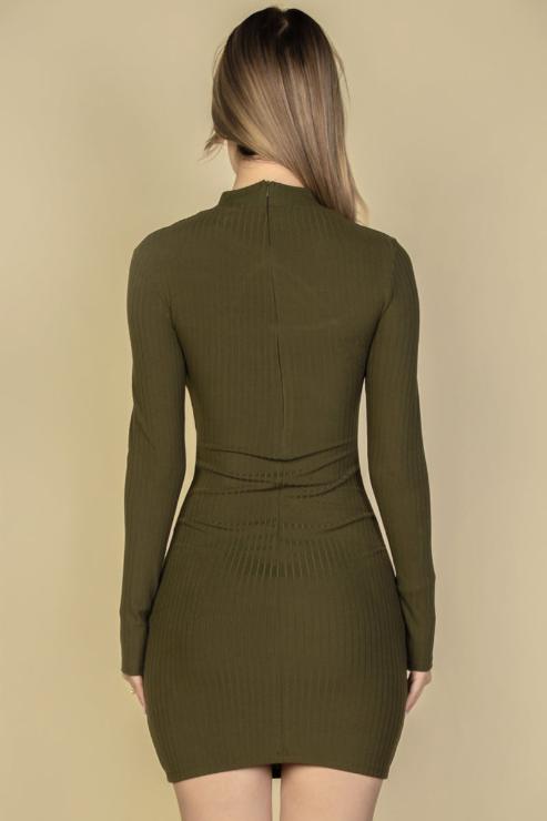 Ribbed Cut Out Front Long Sleeve Bodycon Mini Dress - Capella Apparel