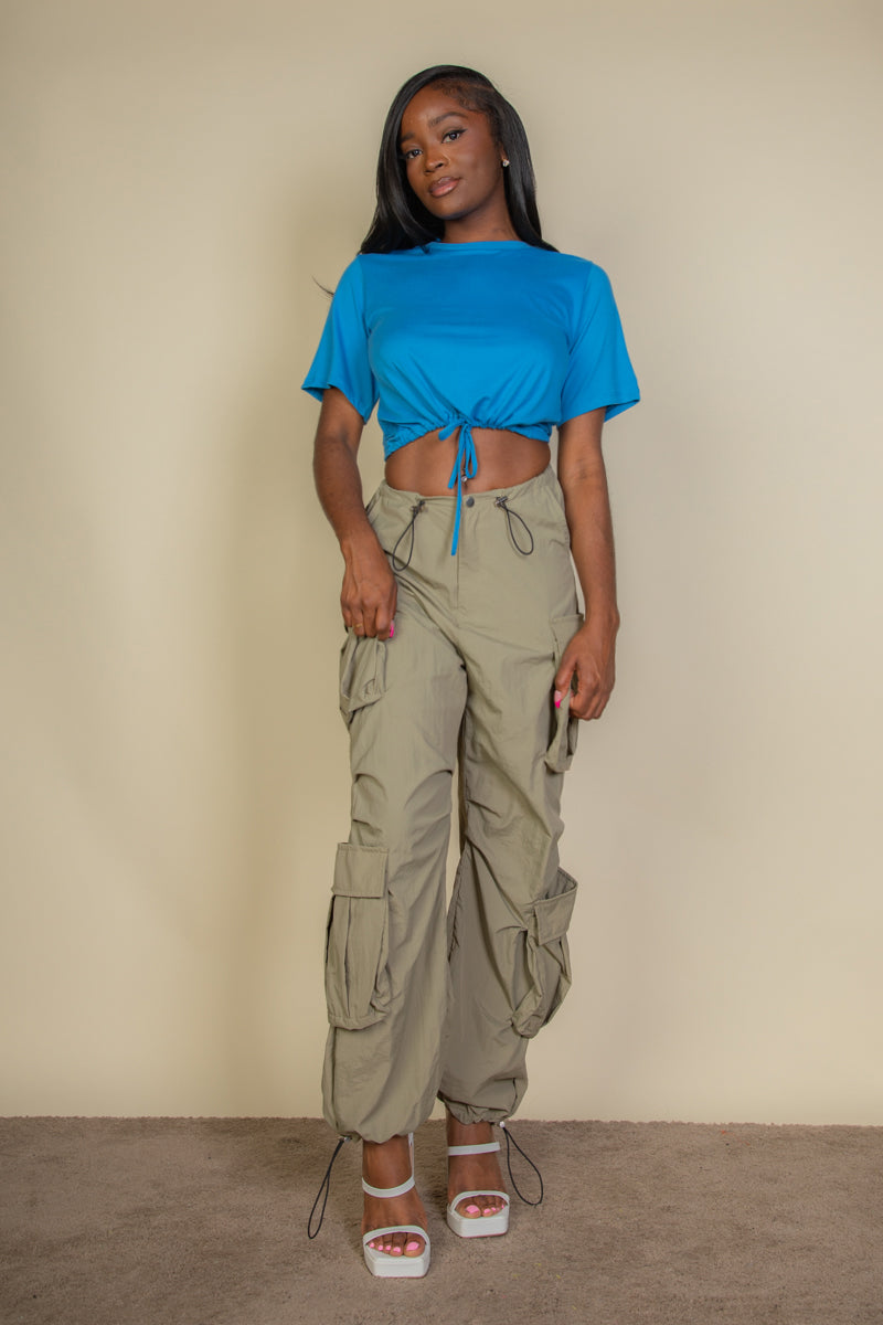 Flap Pockets Drawstring Ruched Parachute Pants