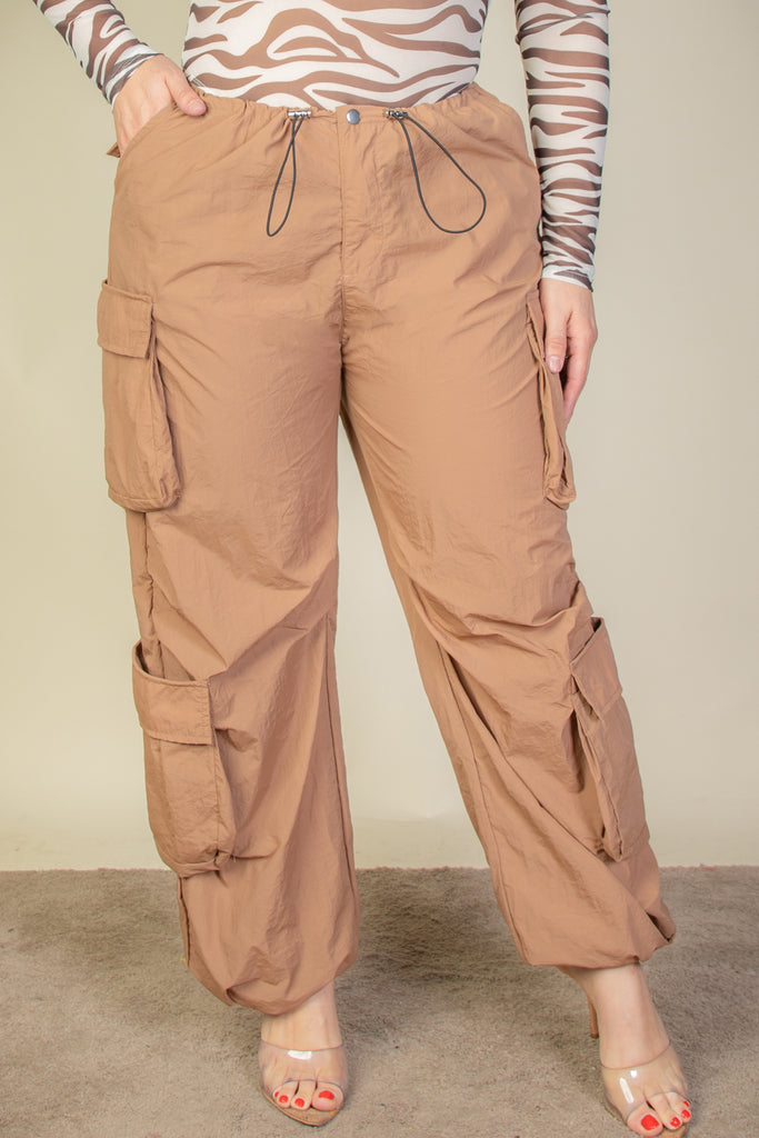 Plus Size Flap Pockets Drawstring Ruched Parachute Pants - Capella Apparel
