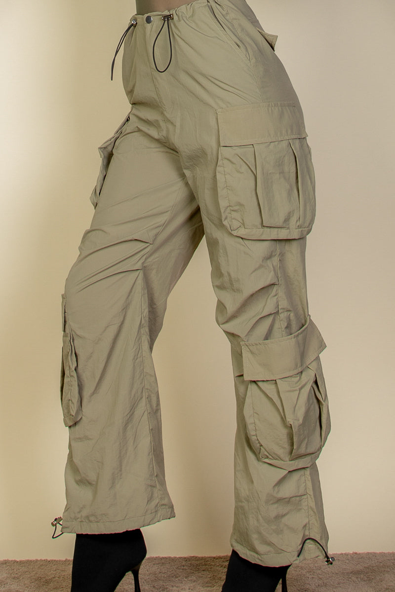 Flap Pockets Drawstring Ruched Parachute Pants - Capella Apparel