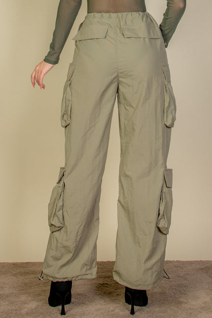 Flap Pockets Drawstring Ruched Parachute Pants - Capella Apparel