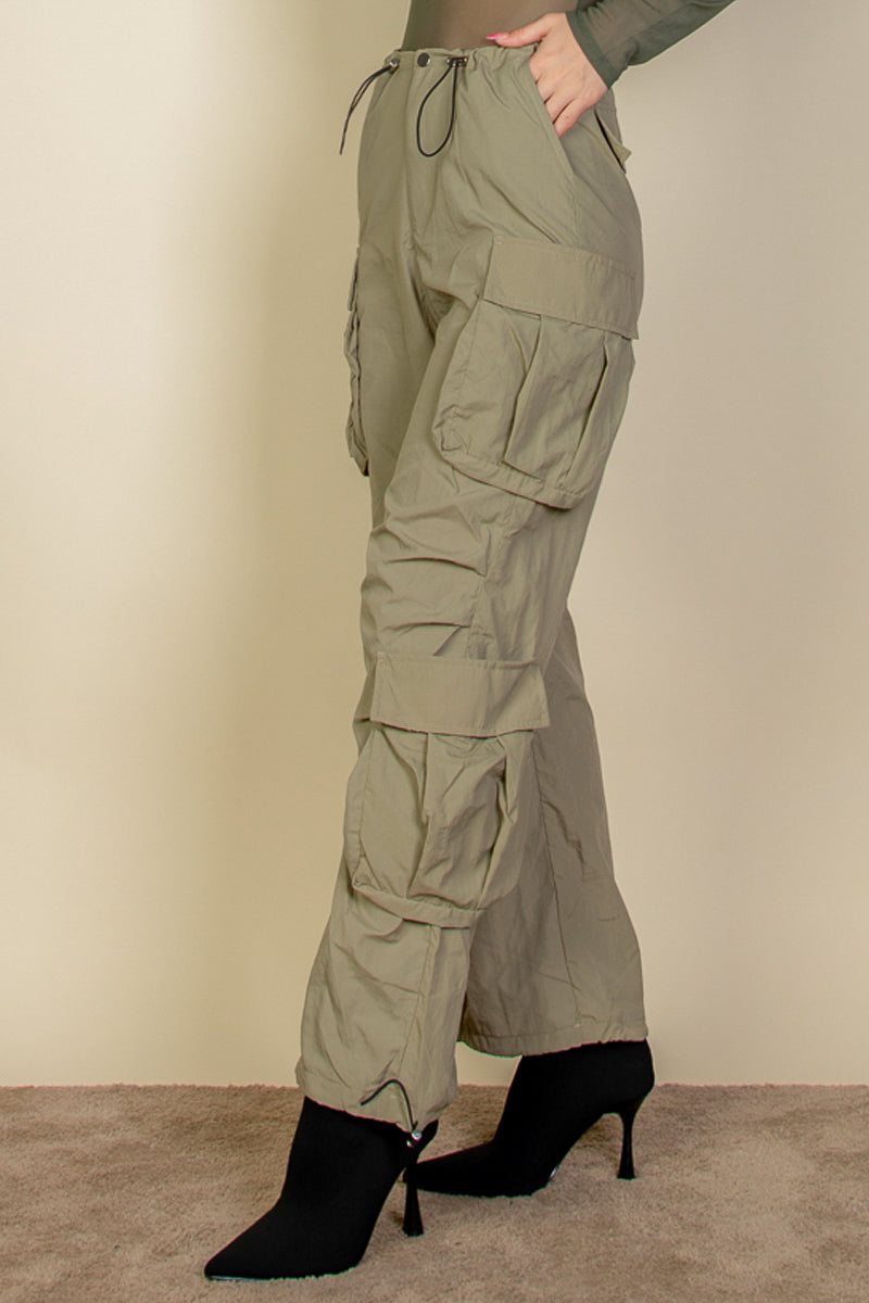 Flap Pockets Drawstring Ruched Parachute Pants - Capella Apparel