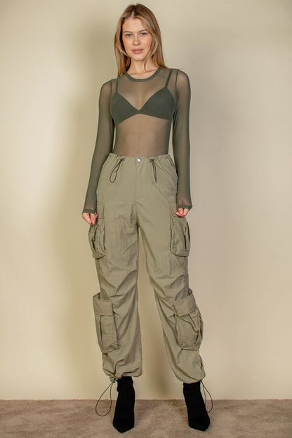 Flap Pockets Drawstring Ruched Parachute Pants - Capella Apparel