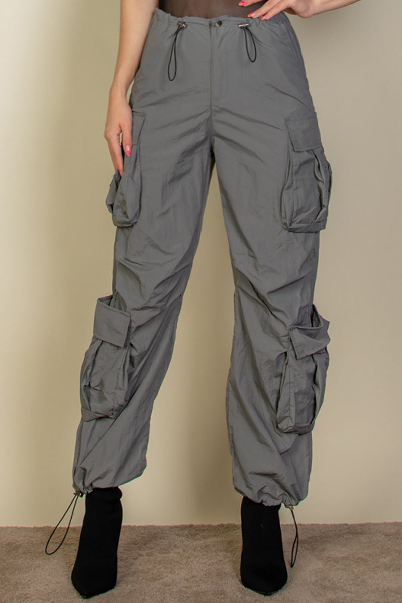 Flap Pockets Drawstring Ruched Parachute Pants - Capella Apparel