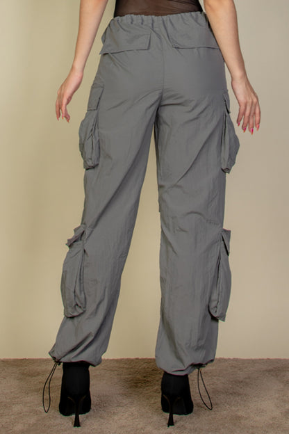 Flap Pockets Drawstring Ruched Parachute Pants - Capella Apparel