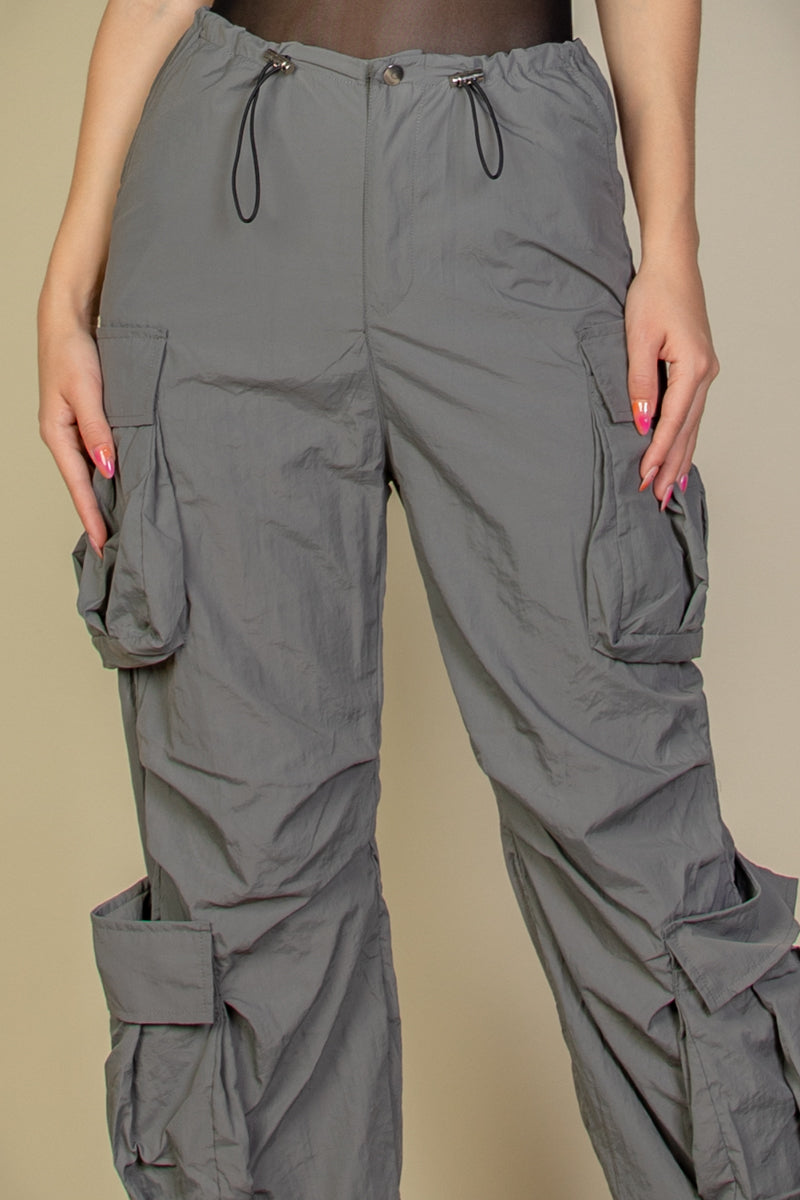 Flap Pockets Drawstring Ruched Parachute Pants - Capella Apparel