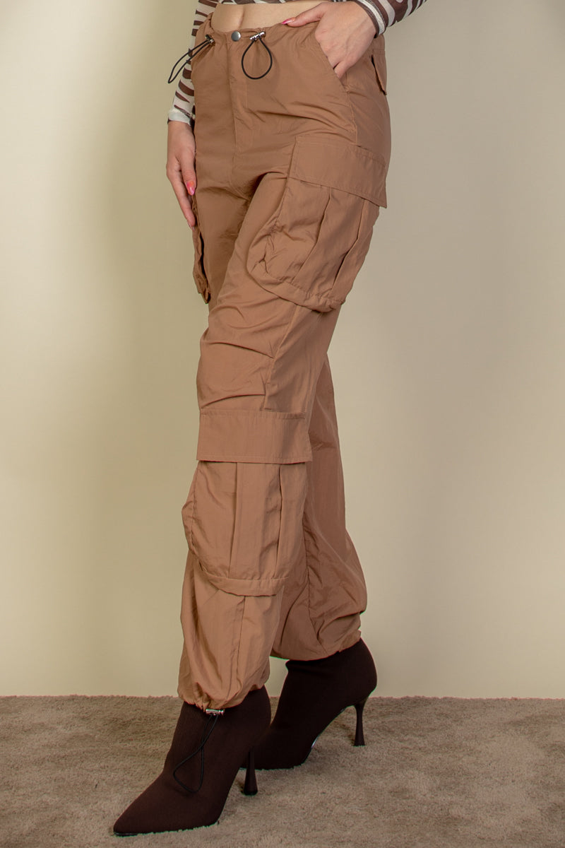 Flap Pockets Drawstring Ruched Parachute Pants - Capella Apparel