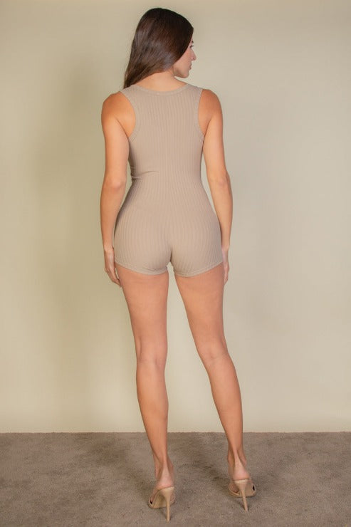 Solid Ribbed Slit Neckline Sleeveless Romper (CAPELLA)