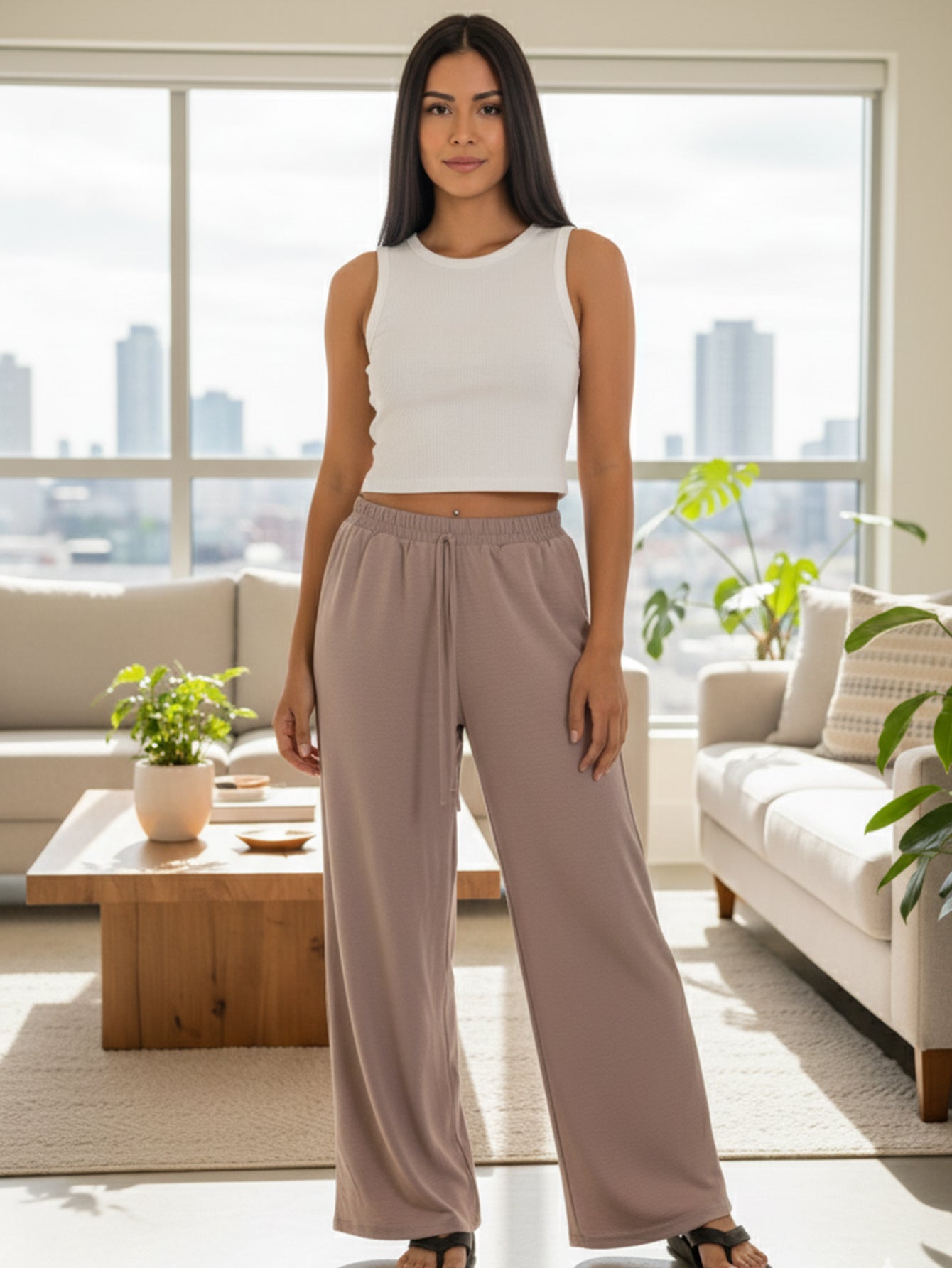 Drawstring waist wide leg minimalist pants