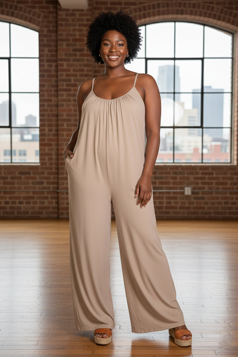 Plus Spaghetti strap solid wide jumpsuit