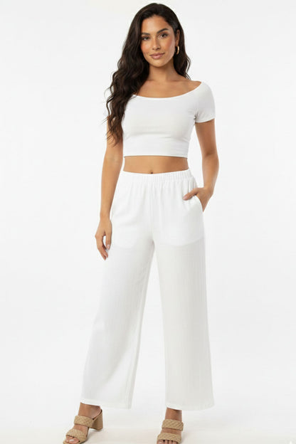 Relaxed Fit 100% Cotton Wide-Leg Pants with Side Pockets