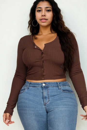 Plus Size Ribbed Long Sleeve Snap Button Down Crop Top - Capella Apparel