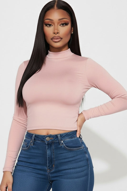 Mock Neck Solid Long Sleeve Top