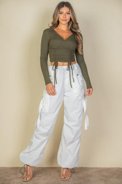 Ribbed Drawstring Long Sleeve Crop Top - Capella Apparel Wholesale