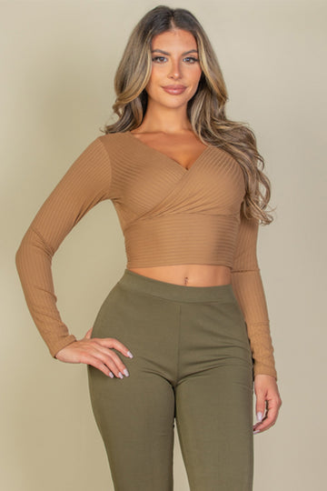 Ribbed Wrap Front Long Sleeve Top - Capella Apparel