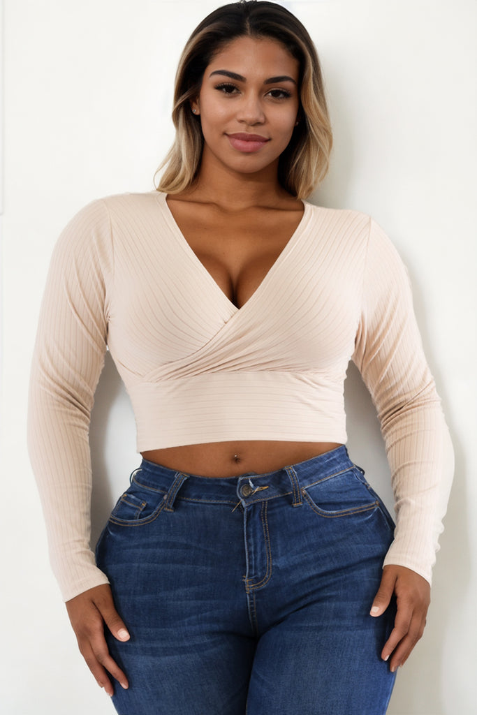 Plus Size Ribbed Wrap Front Long Sleeve Top - Capella Apparel