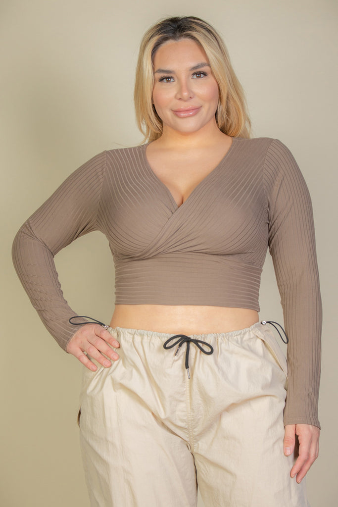 Plus Size Ribbed Wrap Front Long Sleeve Top - Capella Apparel