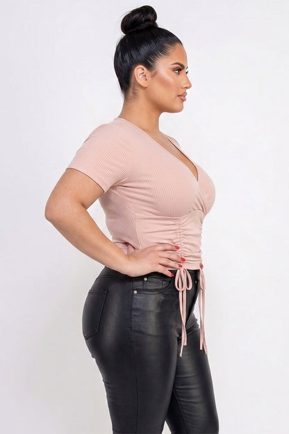 Plus Size Ribbed Ruched Drawstring Surplice Top