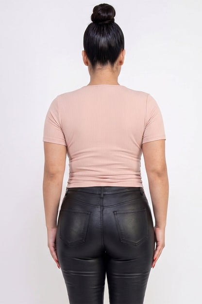 Plus Size Ribbed Ruched Drawstring Surplice Top