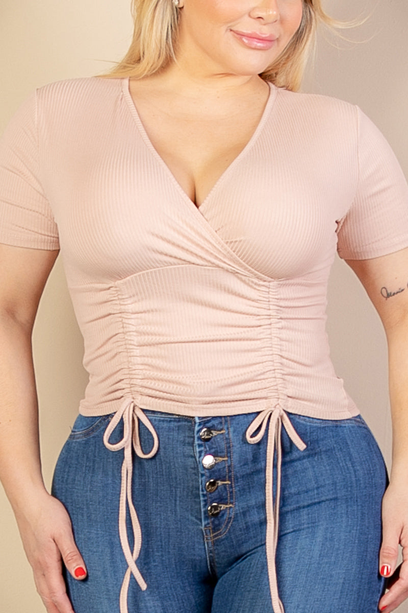 Plus Size Ribbed Ruched Drawstring Surplice Top - Capella Apparel