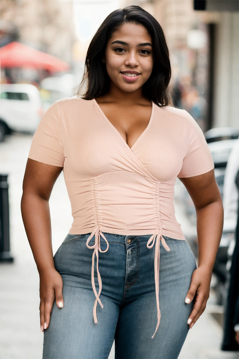 Plus Size Ribbed Ruched Drawstring Surplice Top – Wholesale Capella Apparel