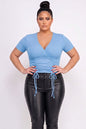 Plus Size Ribbed Ruched Drawstring Surplice Top