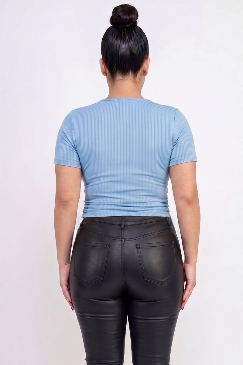 Plus Size Ribbed Ruched Drawstring Surplice Top