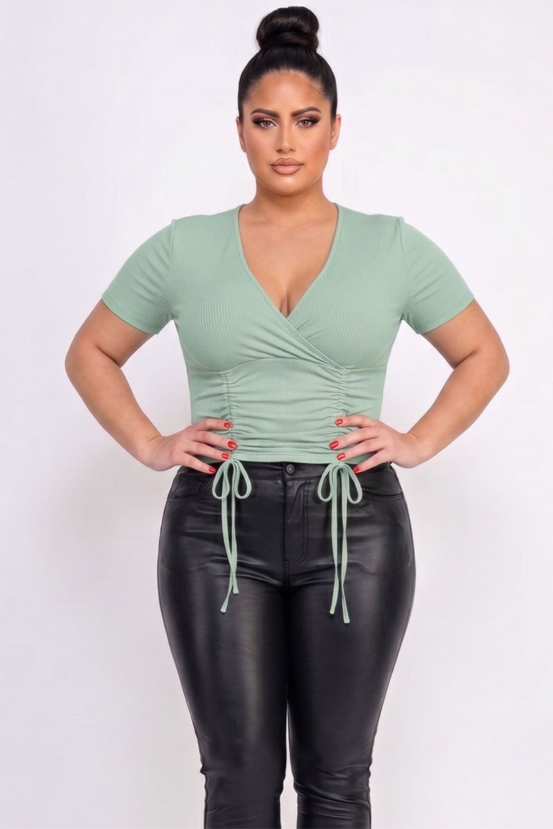 Plus Size Ribbed Ruched Drawstring Surplice Top