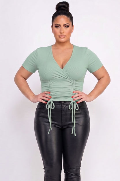 Plus Size Ribbed Ruched Drawstring Surplice Top