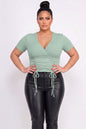 Plus Size Ribbed Ruched Drawstring Surplice Top