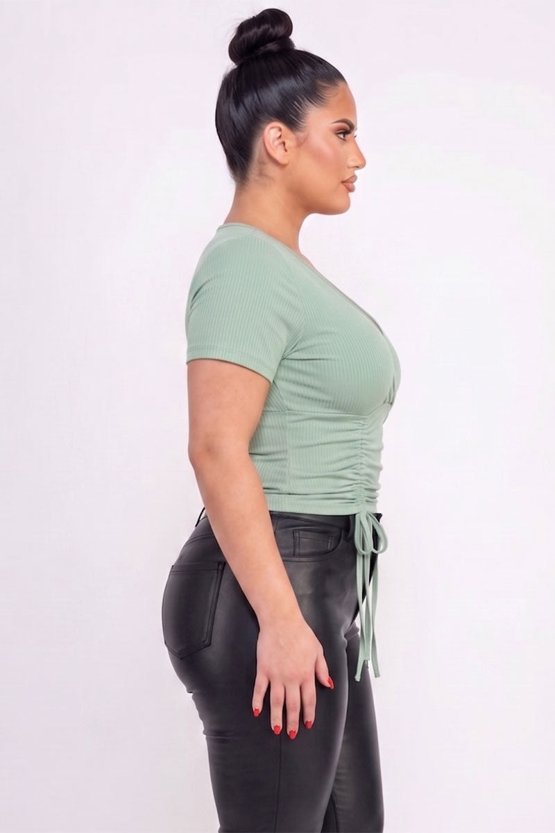 Plus Size Ribbed Ruched Drawstring Surplice Top