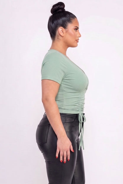 Plus Size Ribbed Ruched Drawstring Surplice Top