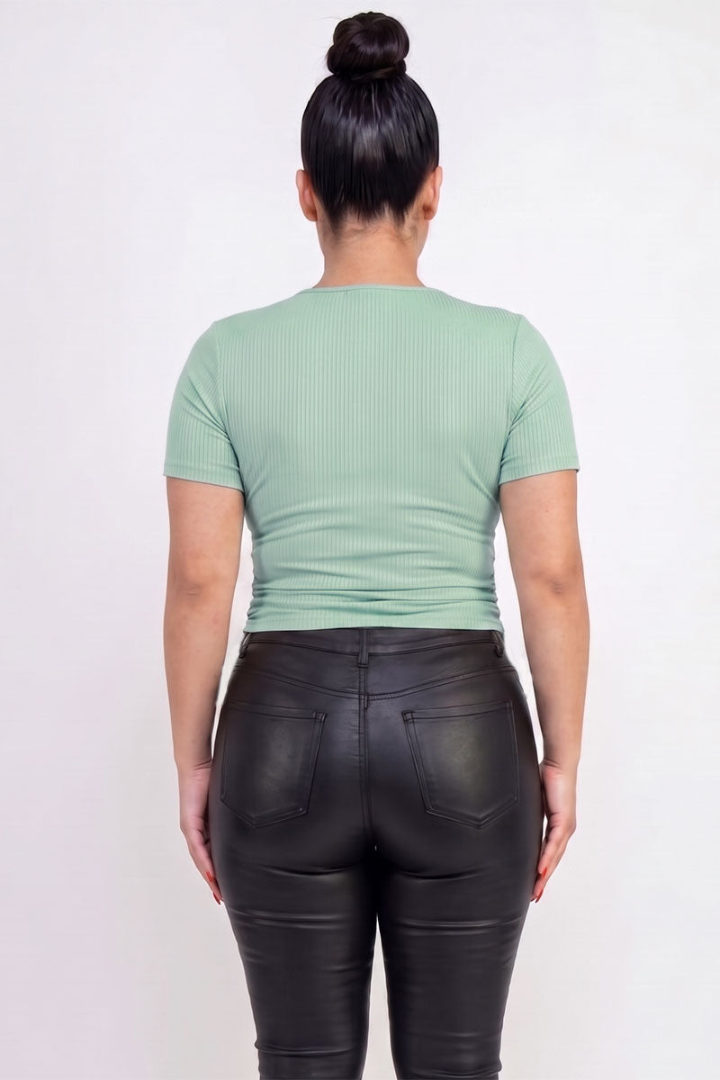 Plus Size Ribbed Ruched Drawstring Surplice Top