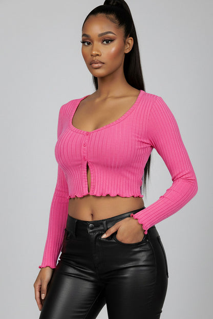 Ribbed Button Front Split Long Sleeve Top