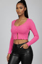 Ribbed Button Front Split Long Sleeve Top
