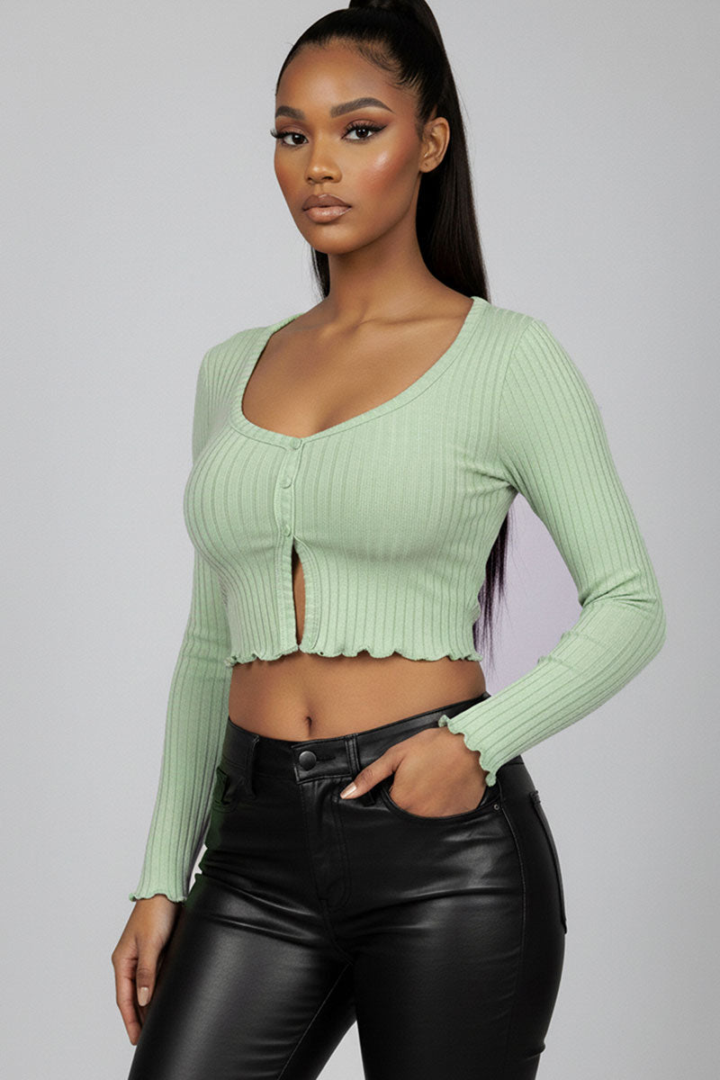 Ribbed Button Front Split Long Sleeve Top