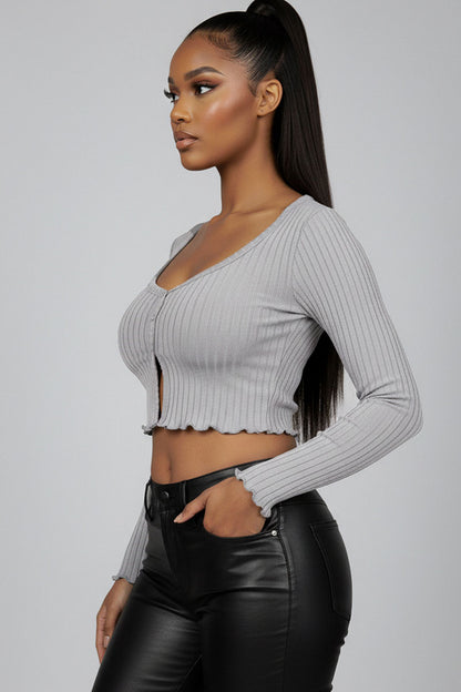 Ribbed Button Front Split Long Sleeve Top