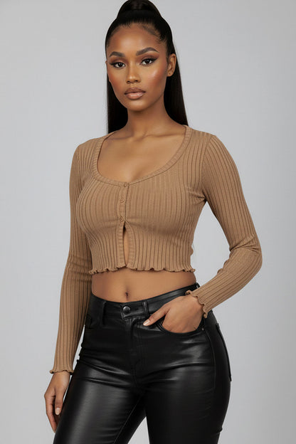 Ribbed Button Front Split Long Sleeve Top