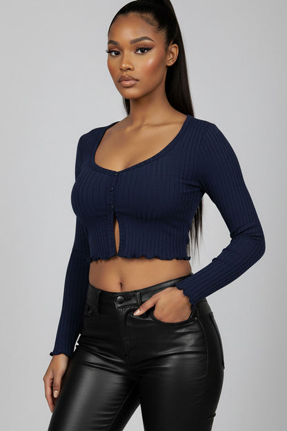 Ribbed Button Front Split Long Sleeve Top