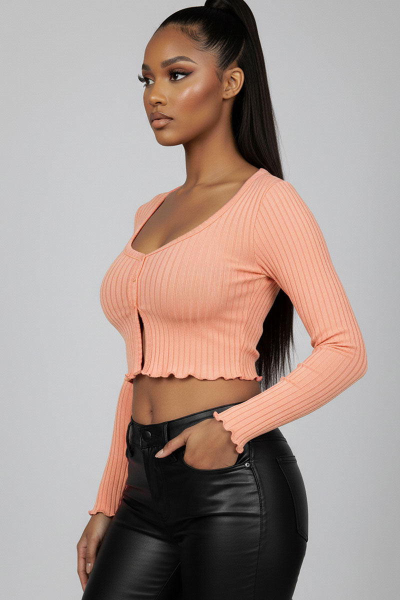 Ribbed Button Front Split Long Sleeve Top