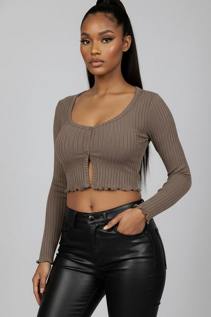 Ribbed Button Front Split Long Sleeve Top